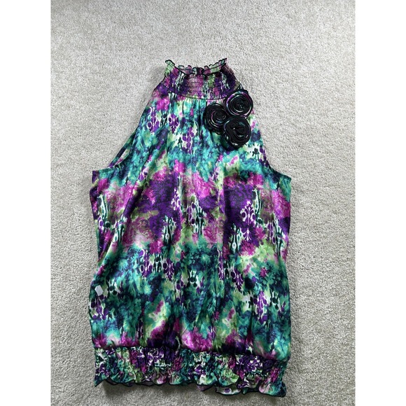BCX Top Womens Medium Multicolor Halter Floral Smocked Neck Ruffle Hem Blouse - Picture 1 of 10